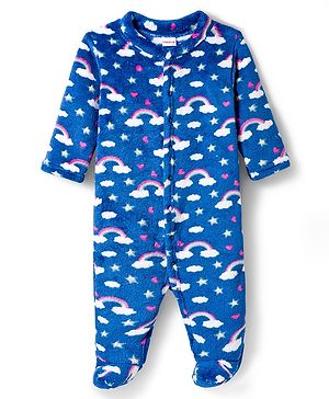 Babyhug Velour Knit Full Sleeves Winter Wear Sleepsuit With Rainbow Print - Navy Blue