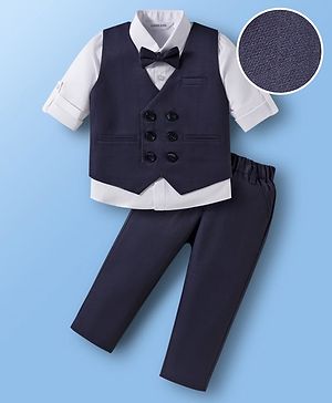 Mark & Mia Cotton Woven Full Sleeves Solid 3 Piece Party Suit With Bow - Navy Blue & White