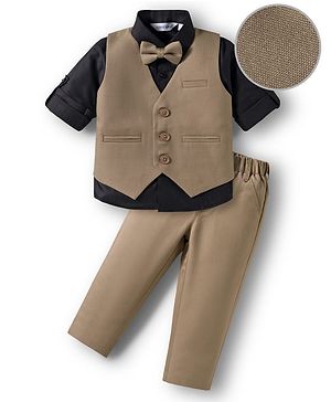 Mark & Mia Cotton Woven Full Sleeves Solid 3 Piece Party Suit With Bow - Brown & Black