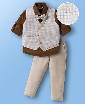 Mark & Mia Woven Full Sleeves Checks 3 Piece Party Suit With Bow - Brown