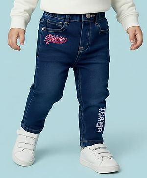 Babyhug Denim Full Length Washed Jeans With Stretch & Text Embriodery - Navy Blue
