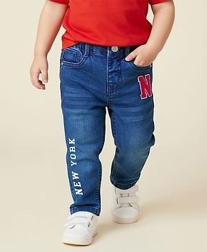 Babyhug Denim Full Length Washed Jeans With Stretch & Text Print - Navy Blue