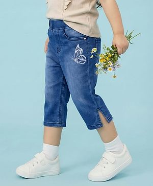 Babyhug Denim Washed Capri With Stretch & Butterfly Embroidery - Navy Blue