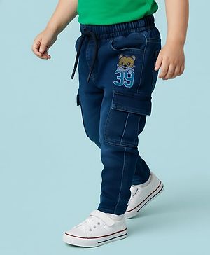 Babyhug Denim Full Length Washed Jeans With Stretch & Text Embroidery - Navy Blue