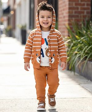 Babyhug Terry Knit Full Sleeves Striped Hooded T-Shirt & Lounge Pant Set with Inner T-Shirt - Brown