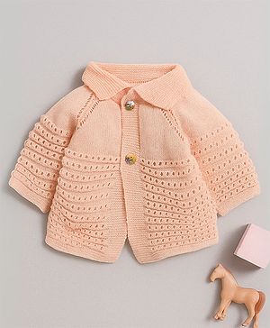 Little Angels Woollen Knit Full Sleeves Self Designed Collared  Cardigan - Peach