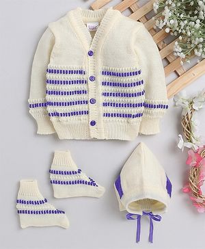 Little Angels Woollen Knit Full Sleeves Self Designed Cardigan With Cap & Socks - Violet