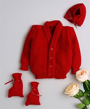 Little Angels Woollen Knit Full Sleeves Self Designed Cardigan With Cap & Socks - Red