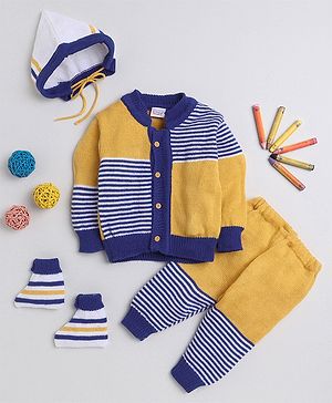 Little Angels Woollen Knit Full Sleeves Striped & Colour Blocked Sweater Set With Cap & Socks - Royal Blue & Mustard