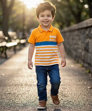 Babyhug Single Jersey Knit Half Sleeves Striped Polo T-Shirt & Jeans Set with Dino Days Print - Navy Blue