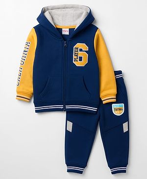 Babyhug Terry Knit Full Sleeves Hooded T-Shirt & Lounge Pant Set with Patch Detailing - Navy Blue