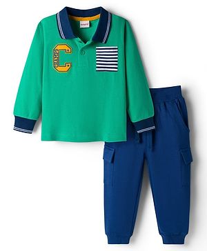 Babyhug Single Jersey Knit Full Sleeves T-Shirt & Lounge Pant Set Alphabet Patch & Striped Front Pocket - Green & Navy Blue