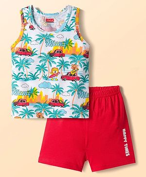 Babyhug 100% Cotton Knit Sleeveless Sando & Shorts Set with Beach Theme Print - White & Red