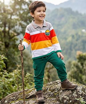 Babyhug Single Jersey Knit Full Sleeves Striped Polo T-Shirt & Lounge Pant Set With Adventure Time Print - Multicolor