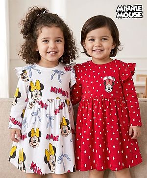 Babyhug Disney Single Jersey Knit Full Frill Sleeves Frock with Minnie Mouse Graphic Pack of 2 - Red & White