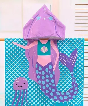 The little lookers Microfibre Knit Mermaid Printed Hooded Poncho Bath Towel - Blue