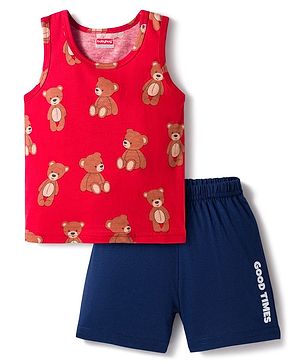 Babyhug 100% Cotton Knit Sleeveless Sando & Shorts Set with Bear Print - Red & Navy Blue