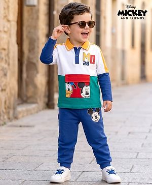Babyhug Disney Single Jersey Knit Full Sleeves Cut & Sew Polo T-Shirt & Lounge Pant Set with Mickey & Friends Graphic - Blue