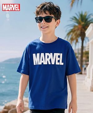 Pine Kids Marvel Terry Knit Oversized Drop Shoulder Half Sleeves T-Shirt with Avengers Graphic - Blue