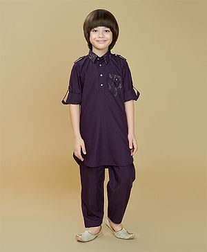 Ministitch Cotton Silk Woven Full Sleeves Foil Printed Pathani Kurta And Pant Set - Wine