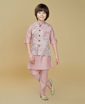Ministitch Jaquard Woven Full Sleeves Kurta Pant With Geometric Printed Jacket Set - Pink