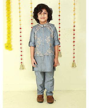 Ministitch Woven Full Sleeves Solid Kurta Pyjama With Floral Gold Zari Embroidered Jacket Set - Grey