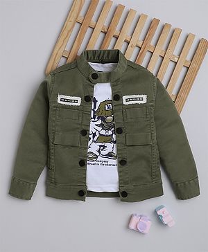 Ministitch Denim Woven Full Sleeves Patch Detailed Jacket With Typography Printed Tee  - Olive Green