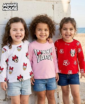 Babyhug Disney Single Jersey Knit Full Sleeves T-Shirt with Minnie & Friedns Graphic  Pack of  3 - Pink Red & White