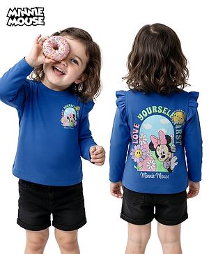 Babyhug Disney Single Jersey Knit Full Sleeves T-Shirt with Minnie Mouse Front & Back Graphic & Frill Detailing - Blue
