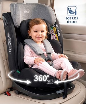 Babyhug Convertible 2 in 1 Car Seat with Isofix & Non Isofix, 360° Rotatable Seat - Grey| R129 Certified| i-Size Compliant| Rear & Forward Facing| Newborn to 12 Years| Reclining Seat| Cushion Seat