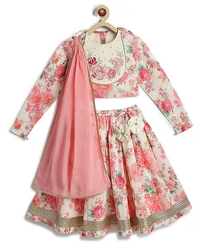 Tiber Taber 100% Cotton Woven Full
                              Sleeves Floral Printed & Embroidered
                              Lehenga Choli With Dupatta Set - Cream