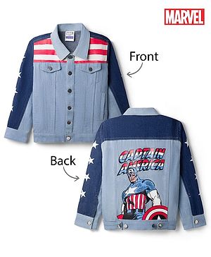 Pine Kids Marvel 100% Cotton Woven Full Sleeves Cut N Sew Denim Jacket With Front & Back Captain America Graphics - Light Blue