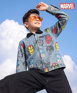 Pine Kids Marvel Woven Denim Jacket with Full Sleeves and Avengers Print - Navy Blue