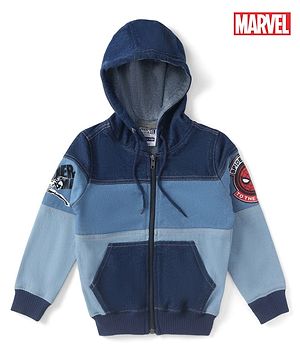 Pine Kids Denim Knit Full Sleeves Cut & Sew Hooded Jacket with Spider Man Graphics & Kangaroo Pockets -Blue