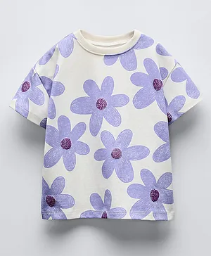 Googo Gaaga Cotton Knit Half Sleeves
                              Floral Printed Tee - White