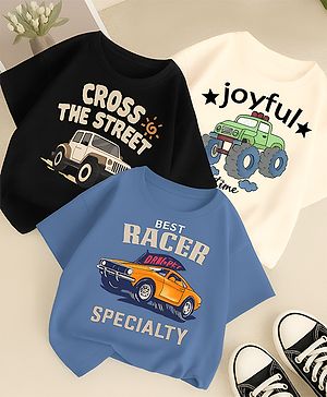 Googo Gaaga Cotton Knit Pack of 3 Half Sleeves Monster Truck Printed Tees - Blue Black & Cream