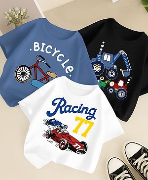 Googo Gaaga Cotton Knit Pack of 3 Half Sleeves Construction Vehicle Printed Tees - White Blue & Black