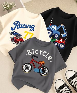 Googo Gaaga Cotton Knit Pack of 3 Half Sleeves Bicycle Printed Tees - Grey Cream & Black