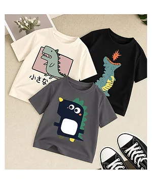 Googo Gaaga 100% Cotton Single Jersey Knit Half Sleeves Penguin Printed T-shirt Set of 3 - Grey Cream & Black