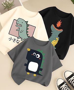 Googo Gaaga Cotton Knit Pack of 3 Half Sleeves Dinosaur Printed Tees - Grey Cream & Black