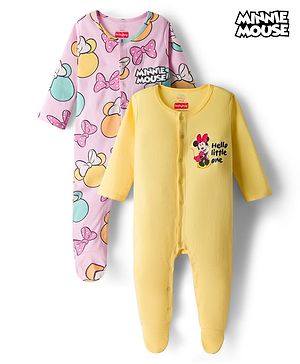 Babyhug Disney Interlock Knit Full Sleeves Sleepsuits With Minnie Mouse Graphics Pack Of 2 - Yellow & Pink