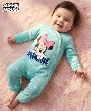 Babyhug Disney Interlock Knit Full Sleeves Romper with Minnie Mouse Graphics - Light Blue