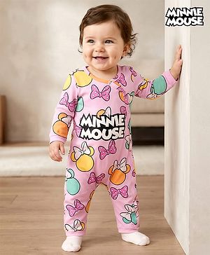 Babyhug Disney Interlock Knit Full Sleeves Romper with Minnie Mouse Graphics - Pink