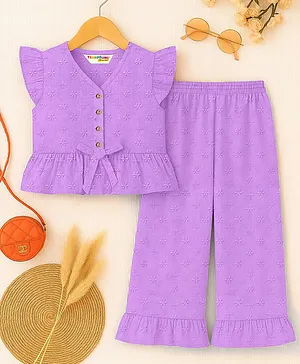 Trampoline Cotton Knit Sleeveless
                              Floral Schiffli Embroidered Bow Applique
                              Detailed Crop Top With Trousers Set -
                              Purple