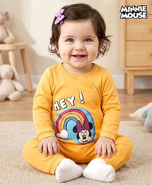 Babyhug Disney Interlock Knit Full Sleeves Romper with Minnie Mouse Graphics - Yellow