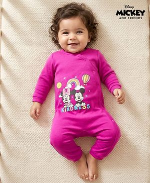 Babyhug Disney Interlock Knit Full Sleeves Romper with Minnie Mouse Graphics - Fuchsia