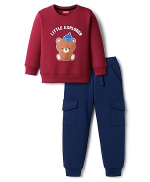 Babyhug Terry Knit Full Sleeves T-Shirt & Lounge Pant Set With Teddy Bear Print - Red & Blue