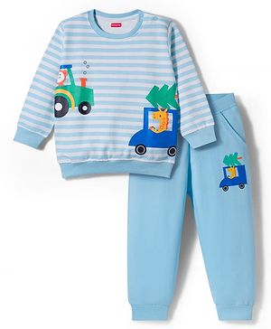 Babyhug Single Jersey Knit Full Sleeves T-Shirt & Lounge Pant Set with Animal Print & Stripes - Light Blue