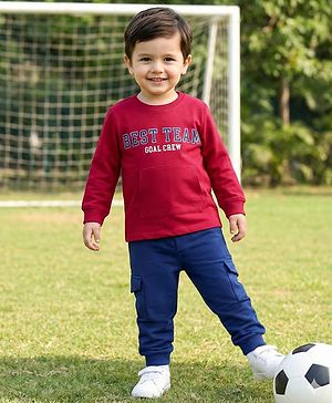 Babyhug Single Jersey Knit Full Sleeves Text Printed T-Shirt & Lounge Pant with Kangaroo Pockets - Red & Blue