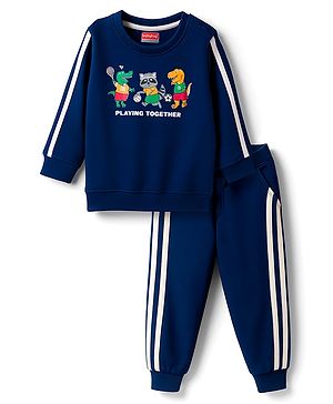 Babyhug Terry Knit Full Sleeves T-Shirt & Lounge Pant Set with Animal Graphic & Tape Detailing - Navy Blue